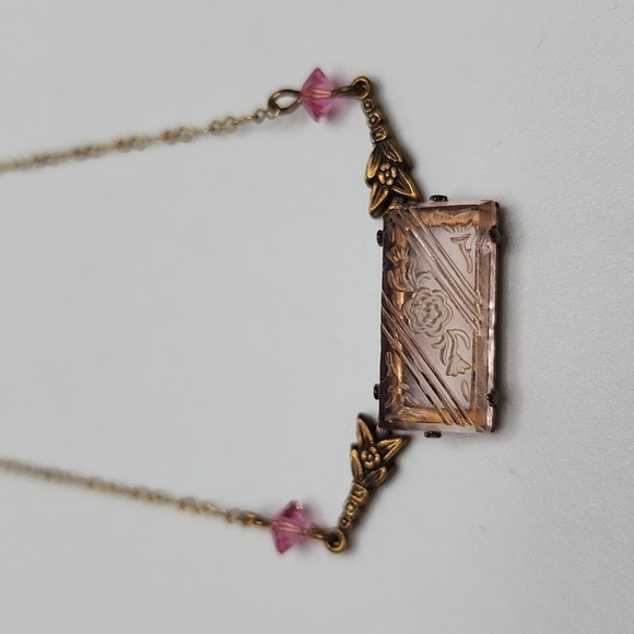 Art Nouveau Necklace Pididdly Links Kingston NY Pink Carved Glass Brass 14" VTG - Picture 2 of 10
